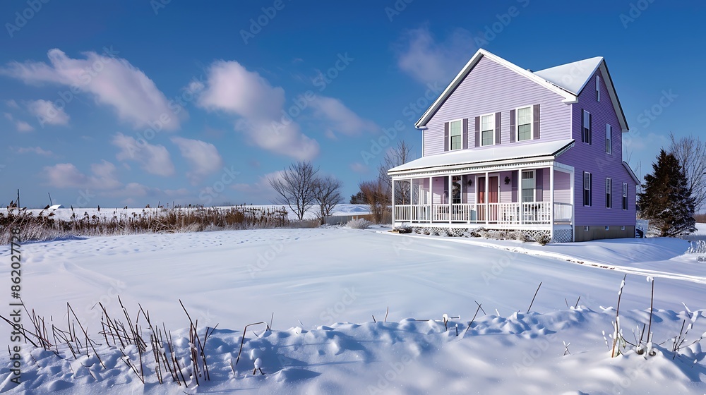 panoramic shot of a home clad in vinyl siding in a pastel lavender, standing serene and unscathed amidst a snowy landscape, displaying its charm and endurance panoramic shot of a home clad in vinyl siding in a pastel lavender, standing serene and unscathed amidst a snowy landscape, displaying its charm and endurance
