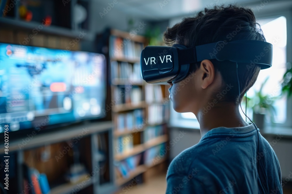 Boy exploring VR in a home library, emphasizing the immersive experience and advanced technology, perfect for showcasing innovation and digital interaction in educational settings Boy exploring VR in a home library, emphasizing the immersive experience and advanced technology, perfect for showcasing innovation and digital interaction in educational settings