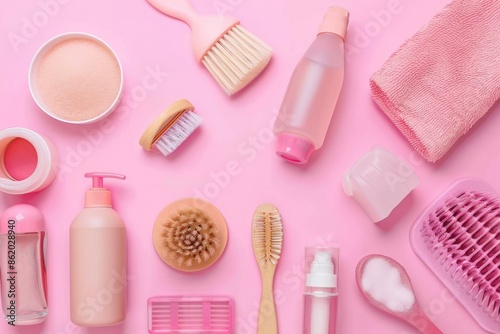 Beauty Products on Pink Background