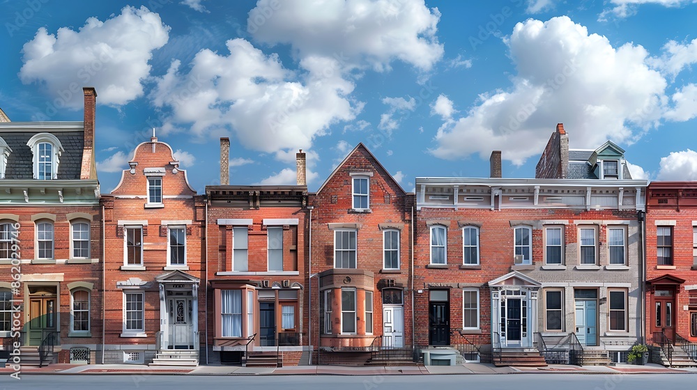 Fototapeta premium panoramic view of a historic district where each building has a different era's brick siding, telling a story of architectural evolution