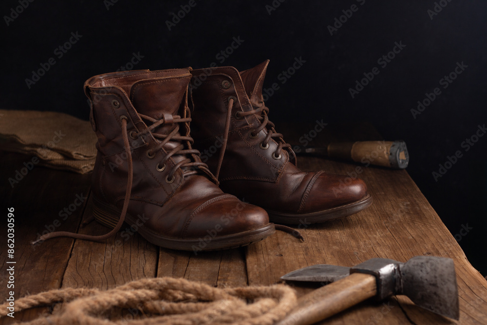 Botas sobre mesa de madera junto a un hacha y una soga Botas sobre mesa de madera junto a un hacha y una soga