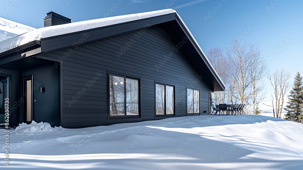 panoramic view of a house with sleek black vinyl siding, the snow adding a dramatic contrast that highlights the structure's modern lines and sharp edges panoramic view of a house with sleek black vinyl siding, the snow adding a dramatic contrast that highlights the structure's modern lines and sharp edges