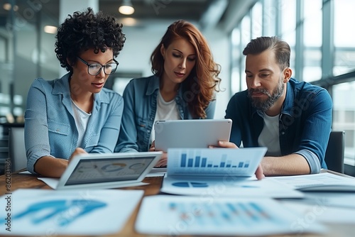 photo of business colleagues reviewing project on tablet in modern office