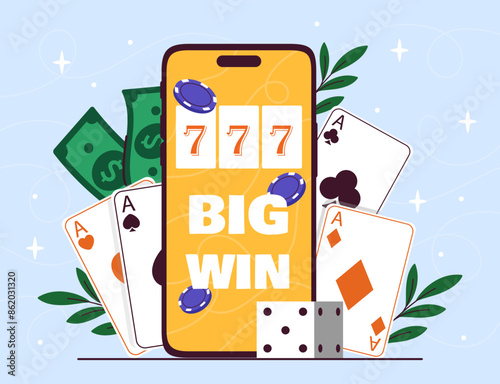Casino at smartphone. Mobile phone with poker cards and dice at cube. Gambling and games for fortune and luck. Big win in blackjack. Cartoon flat vector illustration isolated on blue background