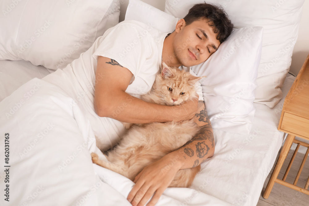 Handsome young man sleeping with cute Maine Coon cat in bedroom at home Handsome young man sleeping with cute Maine Coon cat in bedroom at home
