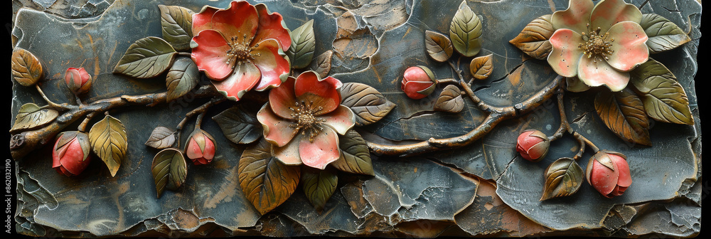 Fototapeta premium panel wall art, wall decoration, marble background with flowers designs