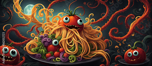  Spaghetti monster pasta flying halloween funny food pastafarian sauce cartoon. Pop spaghetti pasta monster dish scary head art spooky fun meatball humor tomato isolated atheist religious lunch holy.  photo