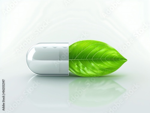 photorealistic, close-up medical capsule with green leaves on monochrome background, medicine and health care concept, bio technology, banner herbal pill with leaves on free space
