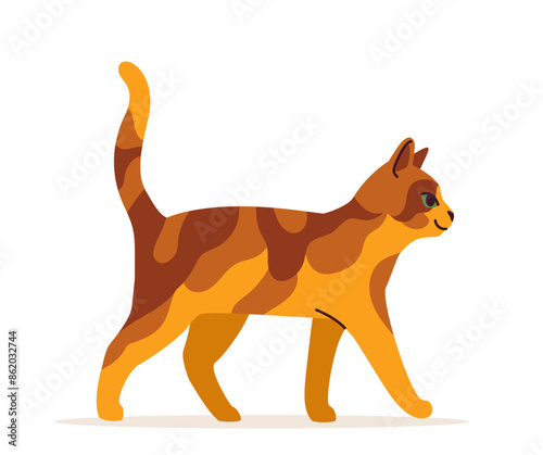 Cute cat concept. Adorabe domestic animal walk. Brown and orange spotted pet. Lovely kitten stands. Template and layout. Cartoon flat vector illustration isolated on white background
