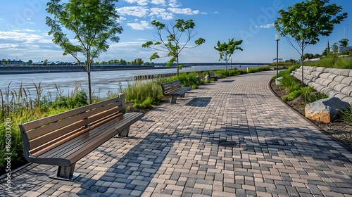 riverfront promenade enhanced with durable brick paving and stone benches, providing a scenic route for pedestrians and cyclists photo