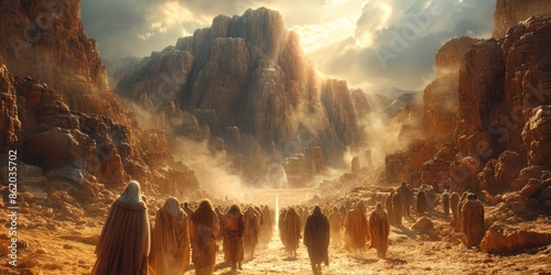 A diverse group of individuals, led by Prophet Moses, walking through the arid desert landscape. photo