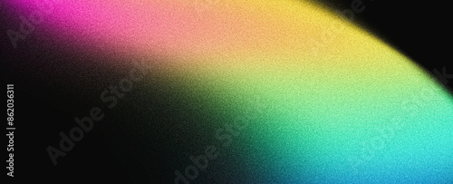Grainy noisy background, abstract color gradient shape, vibrant glowing rainbow yellow green pink blue black noise texture banner design