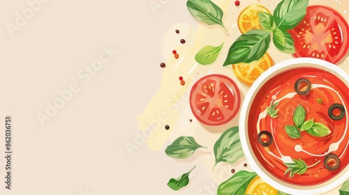 Healthy vegan food with tomato soup or gazpacho on a bright background Ample space for text