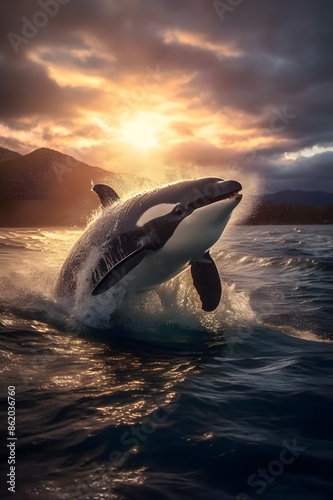 dolphin jumping at sunset