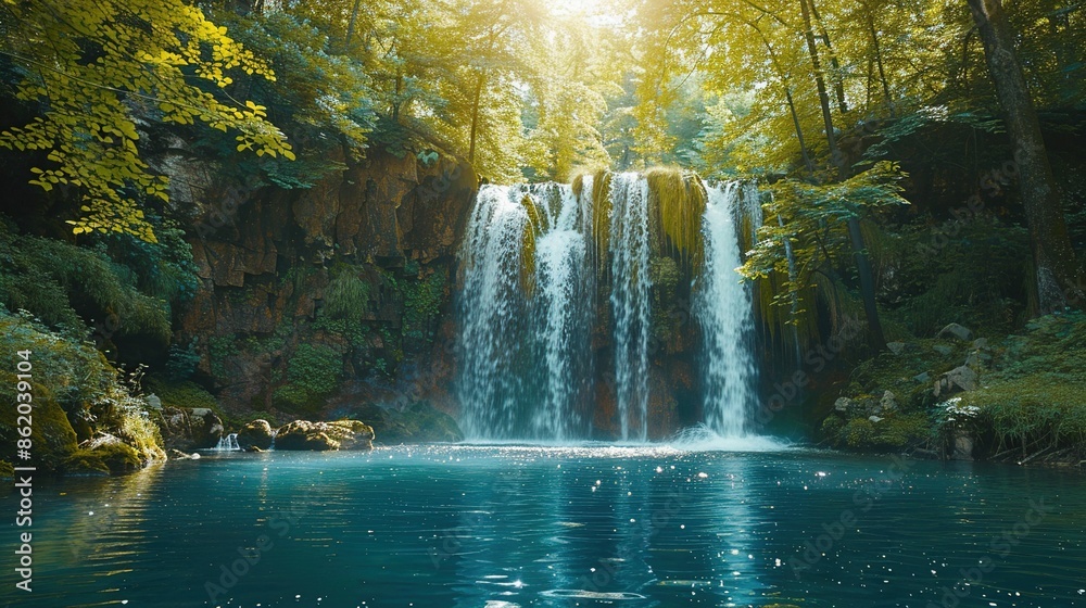 Fototapeta premium Sunlit Waterfall Cascading into a Tranquil Pool