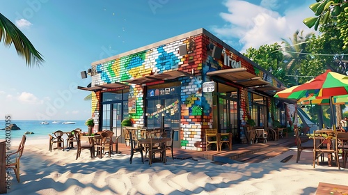 beachside caf?(C) with a colorful brick mosaic exterior, attracting tourists and locals alike with its cheerful and inviting appearance