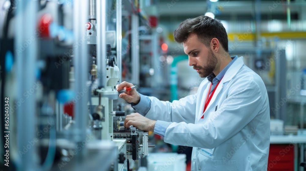 A robotics engineer in a lab coat with a red ID lanyard calibrating machinery in a high-tech workspace A robotics engineer in a lab coat with a red ID lanyard calibrating machinery in a high-tech workspace