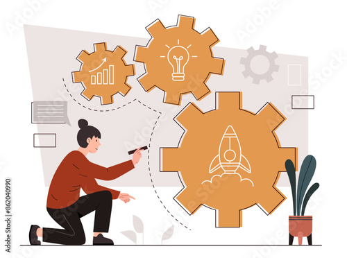 Concept of processing. Woman sitting near gears and coghweels. Businesswoman and entrepreneur with idea for start up or business project. Cartoon flat vector illustration isolated on white background