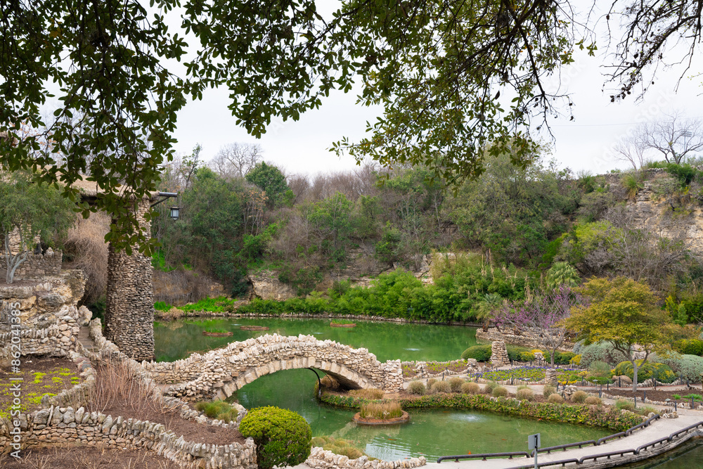 Japanese Tea Garden park featuring stone bridges, kio pond and pagoda, San Antonio Texas. Landscape travel image Japanese Tea Garden park featuring stone bridges, kio pond and pagoda, San Antonio Texas. Landscape travel image