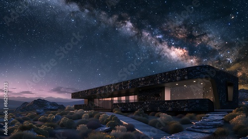 state-of-the-art observatory with black stone siding, located on a remote mountaintop, designed to blend into the night sky © Sadia