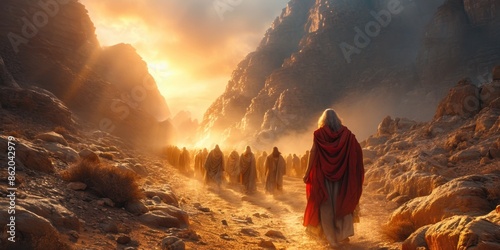 A man believed to be the Prophet Moses walks on a dirt road wearing a red robe. photo