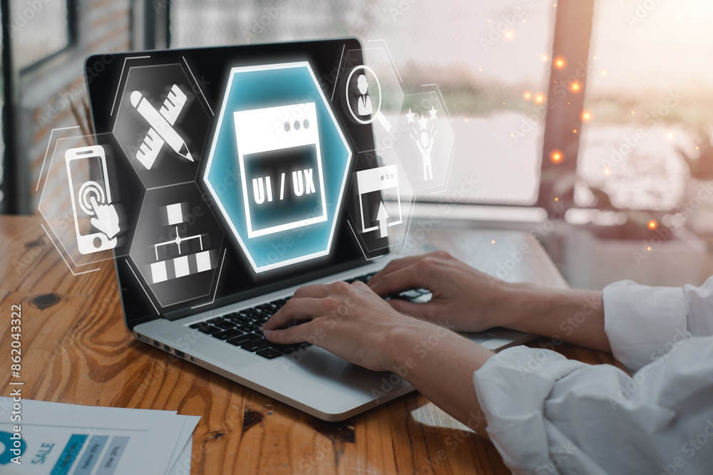 Innovative UX Design Concept with Digital Interface Elements on Laptop Screen for Modern Web and App Development