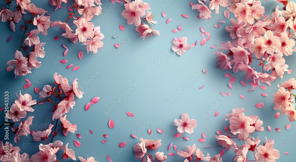 Pink Cherry Blossoms Frame Blue Background Pink Cherry Blossoms Frame Blue Background