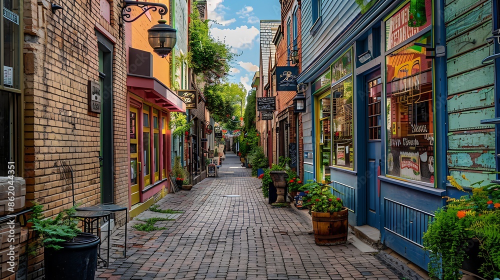 Fototapeta premium vibrant alleyway in a historic district, where each building's brick siding tells a story of the area's rich cultural heritage