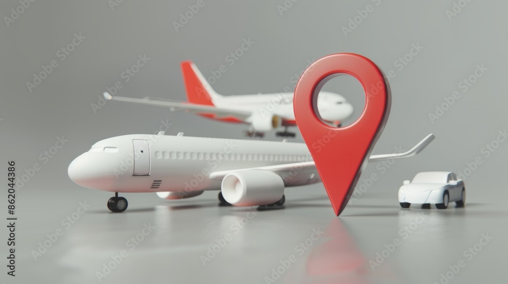 Fototapeta premium 3D logo of a red location pin and white cargo plane, truck and car on a grey background