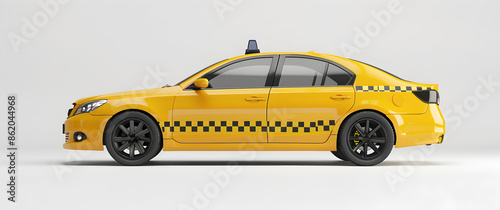 A yellow taxi cab with a black and white checkered pattern on the side photo