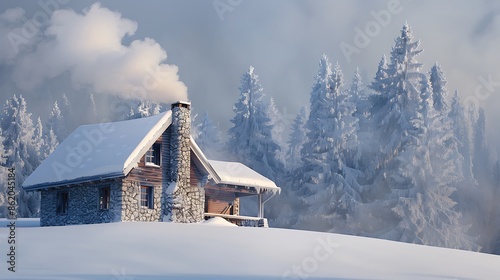 winter chalet with stone siding, smoke rising from the chimney, set against a backdrop of snow-covered pines