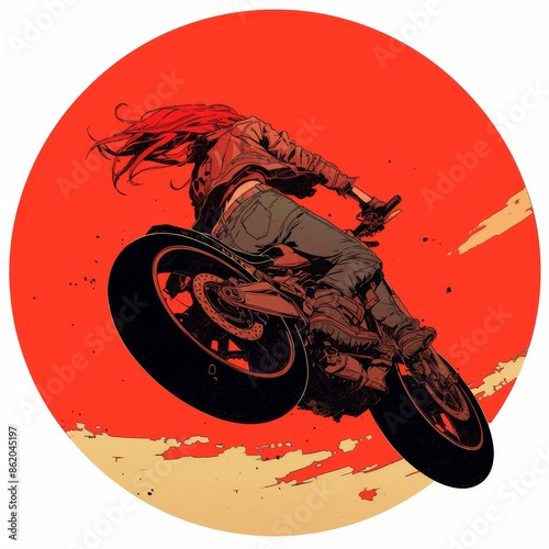 Woman riding motorcycle at sunset with red sky, illustration artwork. Concept of freedom, adventure, and speed.