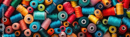 Colorful spools of thread in various sizes and hues, perfect for sewing and crafting projects. Bright and vibrant collection of textile tools. photo