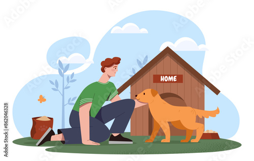 Dog from shelter concept. Man near puppy outdoors. Owner with pet sitting near booth. Young guy in love with domestic animal. Cartoon flat vector illustration isolated on white background