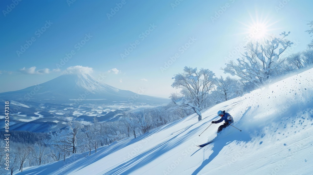 A solo skier descends the snowy slopes of Niseko, Japan, under clear skies, enjoying pristine conditions and breathtaking views.