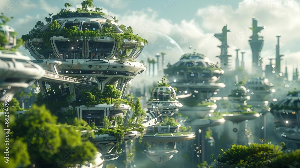 A futuristic city with floating gardens and AI traffic control, Green hues, Futuristic, 3D rendering, Ecofriendly A futuristic city with floating gardens and AI traffic control, Green hues, Futuristic, 3D rendering, Ecofriendly