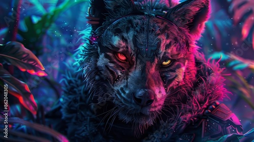 A half man, half animal hybrid in a futuristic jungle, Vibrant colors, Cyberpunk, Illustration, Surreal