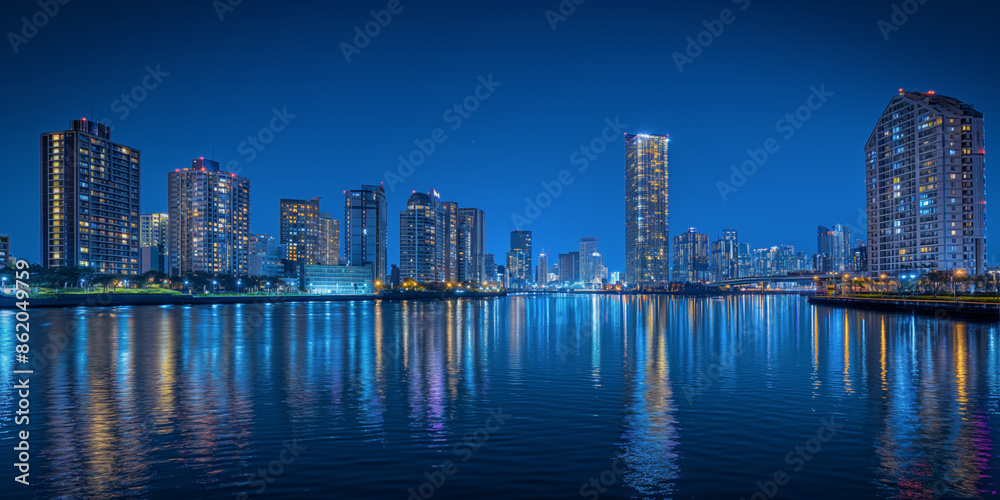 Naklejka premium A vibrant city skyline at night, with high-rise buildings reflecting off the calm water. The clear blue sky and illuminated windows create a lively yet serene urban scene, nightlife