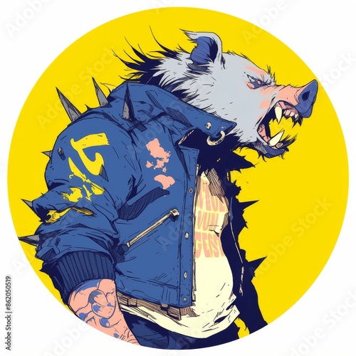 Angry, tough, and rebellious boar wearing a blue leather jacket.  Punk style animal illustration for game design, t-shirt, sticker, and more