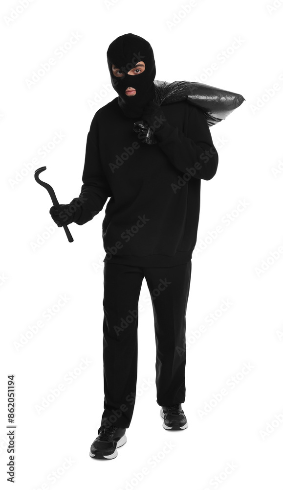 Thief in balaclava with crowbar and bag on white background Thief in balaclava with crowbar and bag on white background