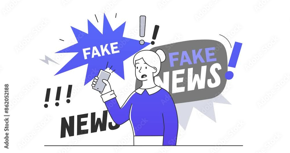 Woman with fake news. Moving banner with girl near unhonestly information. Character with desinformation and propaganda. Person analyze lie from mass media. Cartoon flat animated graphics Woman with fake news. Moving banner with girl near unhonestly information. Character with desinformation and propaganda. Person analyze lie from mass media. Cartoon flat animated graphics