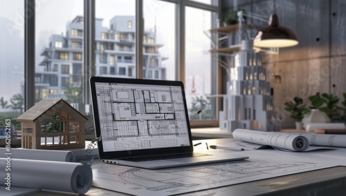 A laptop on an architect's desk with blueprints and architectural drawings, with a backdrop of a modern office space, emphasizing the digital design tools used in architecture.
