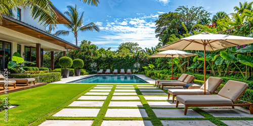 Florida patio backyard area with square white stepping stones and pool, sun loungers and umbrellas, luxury home exterior, wide banner