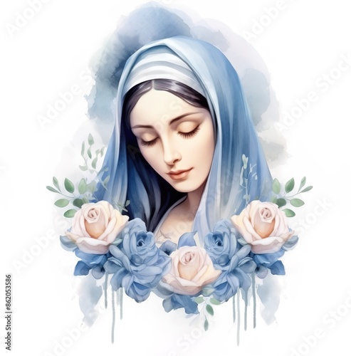 A beautiful watercolor clipart of the mother Mary with roses in her hair, using blue and white colors in a light pastel color palette.