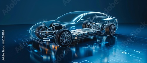 A modern electric vehicle with an open battery pack and layered energy flow lines on the floor of its undercarriage, with digital data visualization elements overlaying it in the style of white color