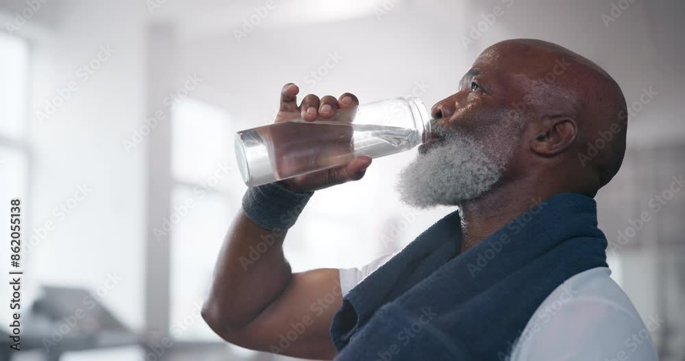 Senior, gym and black man drinking water after workout with bottle for hydration, thirst or wellness. Health, tired and elderly person with towel for cardio training, exercise or rest for nutrition