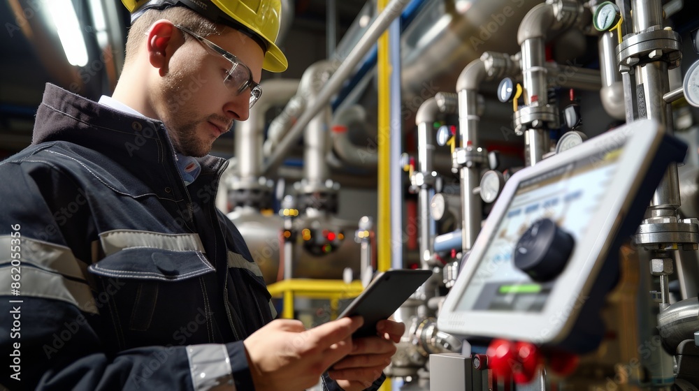 A technician using a tablet to adjust settings on a digital control panel connected to steel pipelines and valves A technician using a tablet to adjust settings on a digital control panel connected to steel pipelines and valves