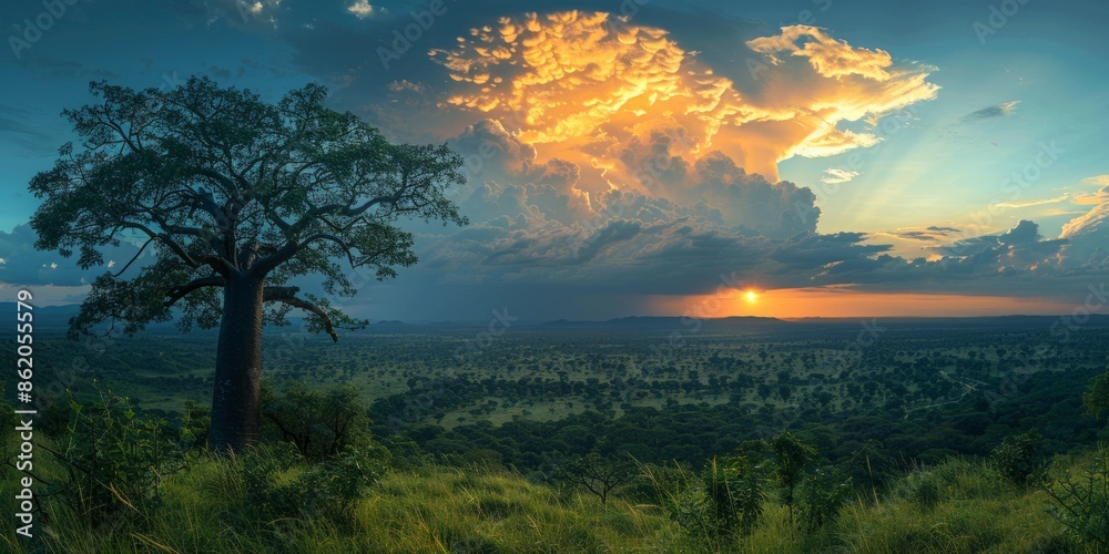 checkerboard black sky over the valley with vast baobab forest, checkerboard black sky over the valley with vast baobab forest,