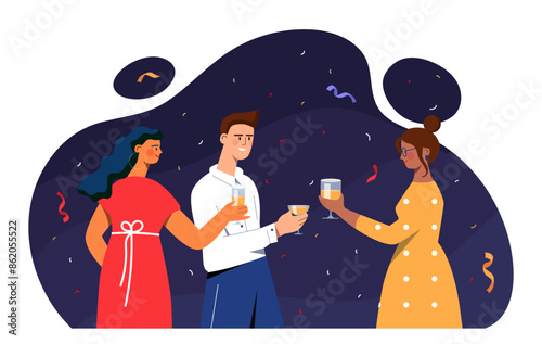 Friends with cocktails at party. Men and women with alcoholic drinks in glasses. Party, holiday and event. People celebrate together. Cartoon flat vector illustration isolated on white background