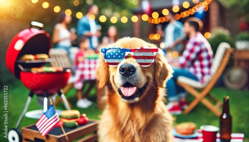 Dog wearing US flag sunglasses on blurred bbq 4th of July backyard party.
